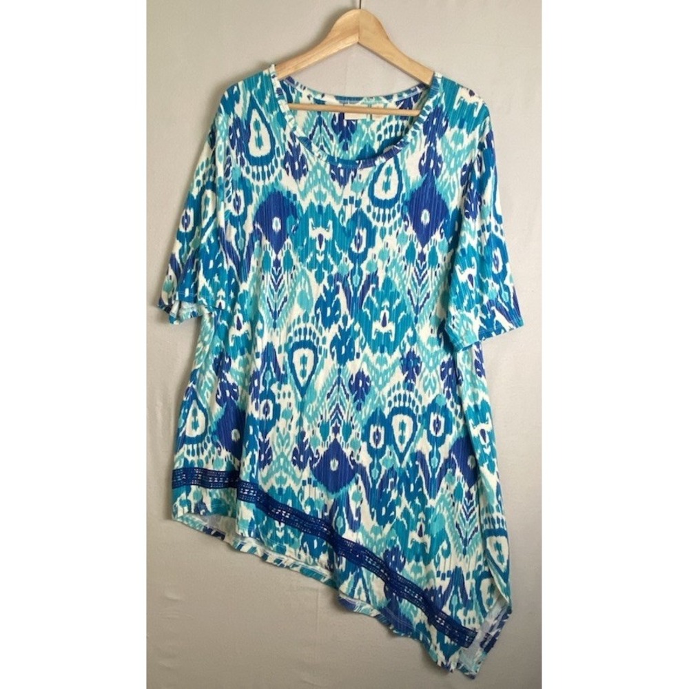 Chico's Top Artful IKAT Asymmetrical Crochet Hem Mysterious Blue Size 3 - Picture 2 of 7